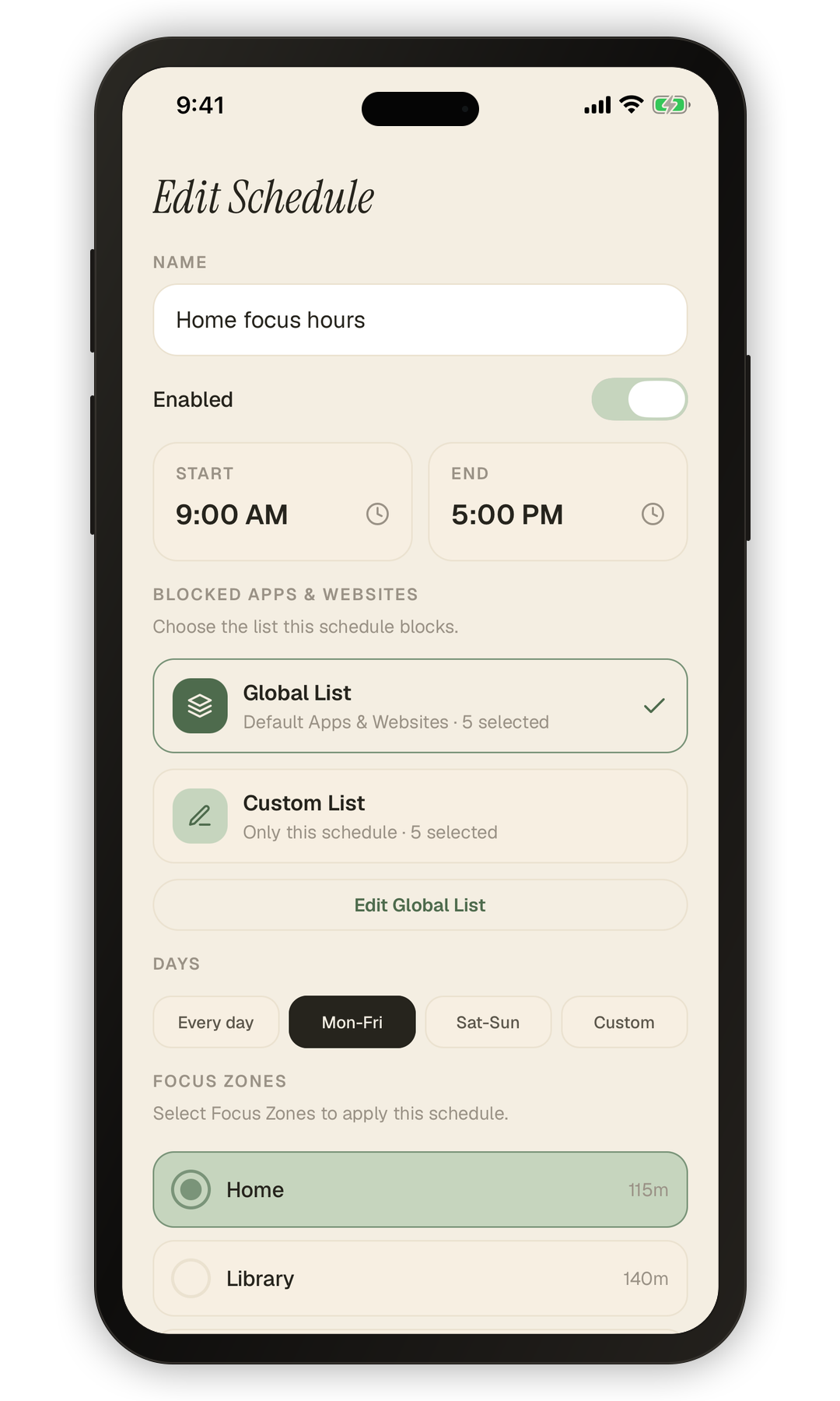 Roam Blocked Schedule editor showing schedule times and Focus Zone