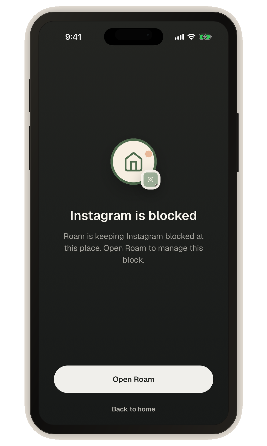 Roam shield showing Instagram blocked at a Focus Zone