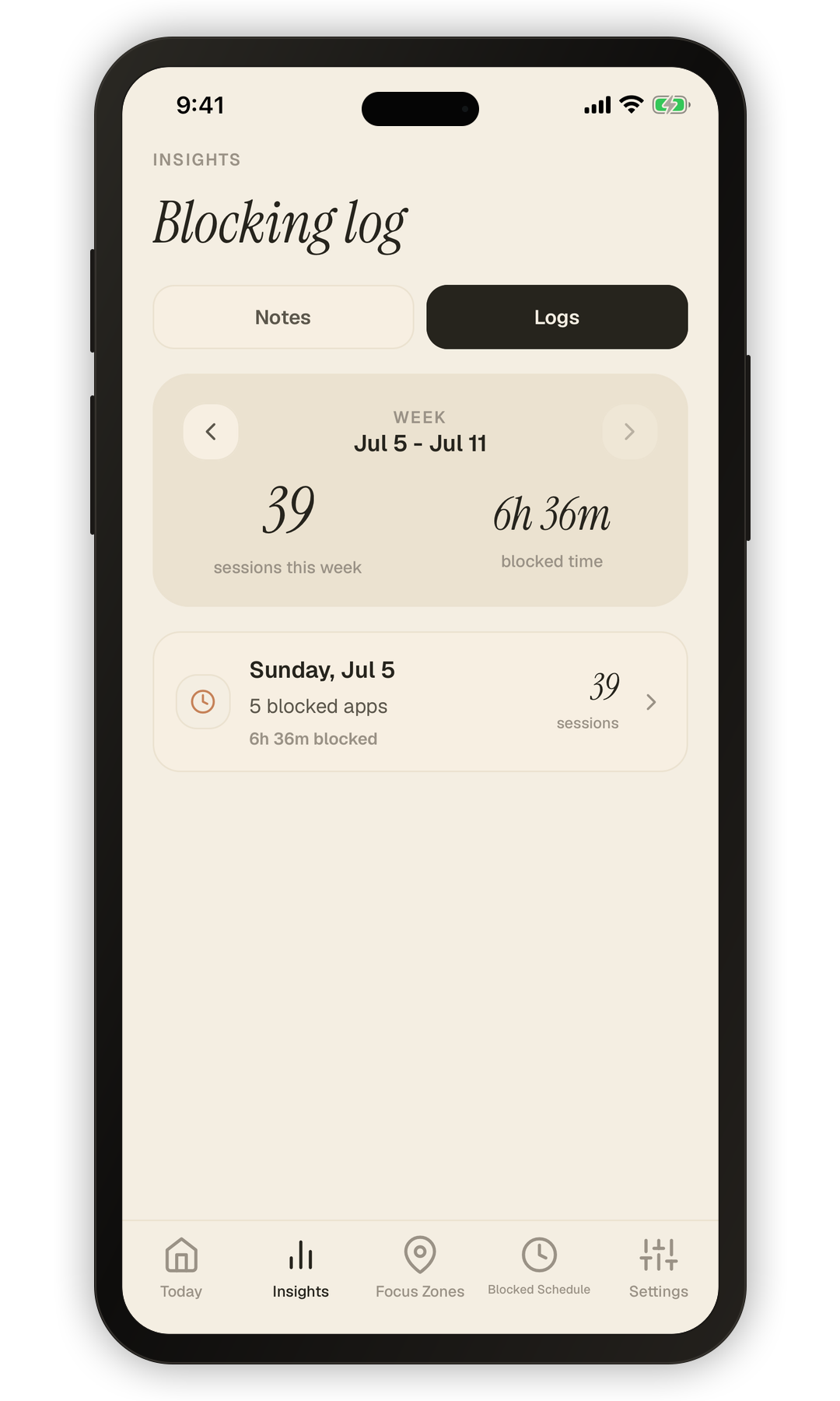 Roam Insights screen showing weekly blocked sessions and sessions by day