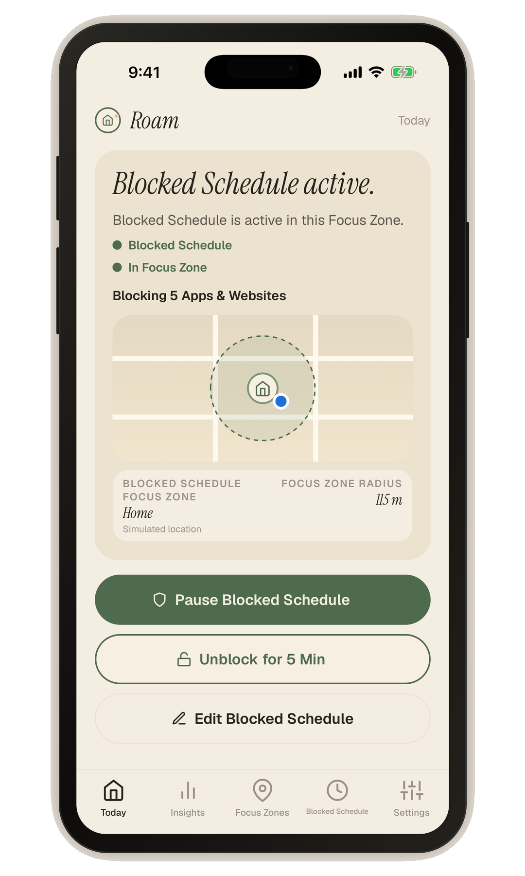 Roam Today screen showing current Focus Zone and blocked Apps & Websites